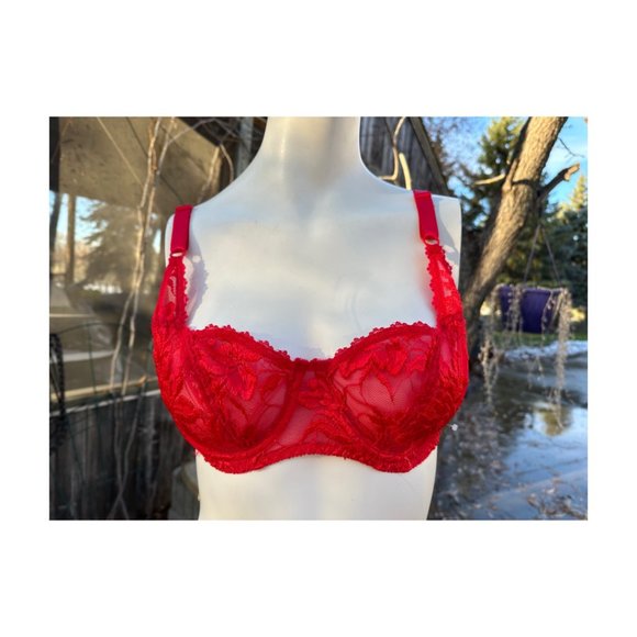 Vintage 90s Colesce Couture Lingerie Demi Cup Bra Red Lace Made in USA Sz 36C - Picture 1 of 8